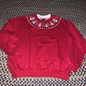Women's XL Trilllogy By Morning Sun  Red‎ Snowman Collared Sweatshirt Snowflake